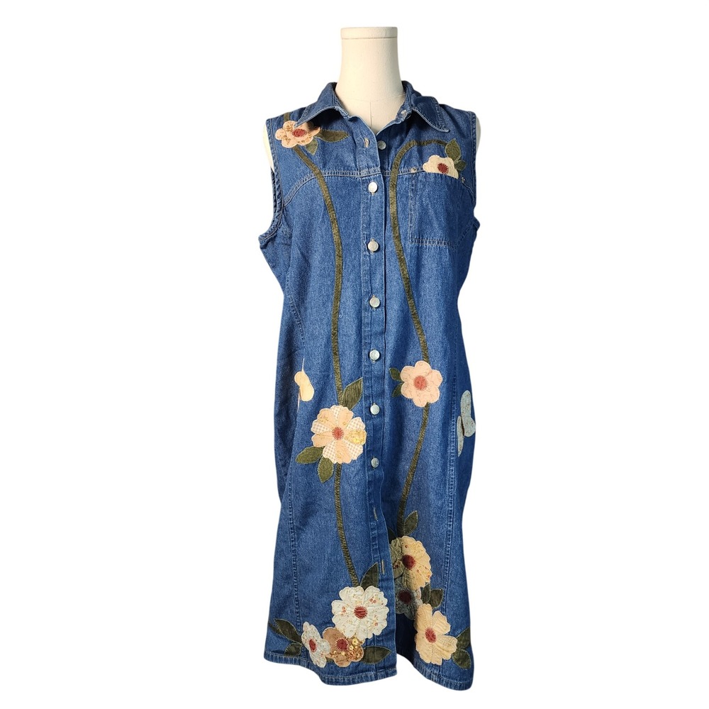 Denim & Co Floral Butterfly Applique Denim Dress L Blue Cotton Button Front Midi